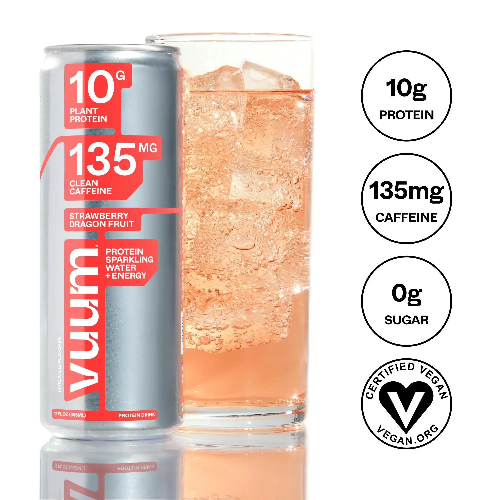 Strawberry Dragon Fruit Protein Sparkling Drink with 10G Plant Protein & 135MG Clean Caffeine Zero Sugar Energy Focus Muscle Repair