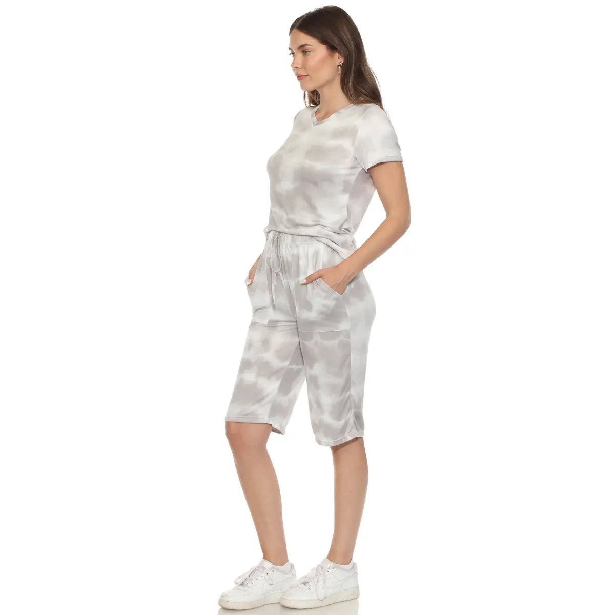 212 MAIN Women's 2-Piece Shortsleeve Capri Pajama Set - Soft Knit Fabric, Breathable Fit, Casual Nightwear, Adjustable Grey Tie-Dye Top with Pockets, Elastic Pants (Small, 3627-10-S)