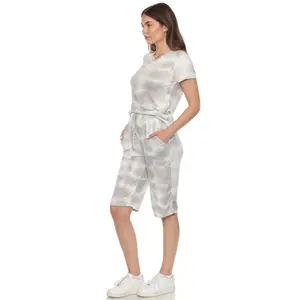 212 MAIN Lady's 2-Piece Soft Knit Fabric Nightwear Set - Women's Breathable Elastic-Fit Short-Sleeve Top, Adjustable Casual Loungewear Capri Pants Clothes, Pockets, Grey Tie Dye, Extra Large (3627-10-XL)