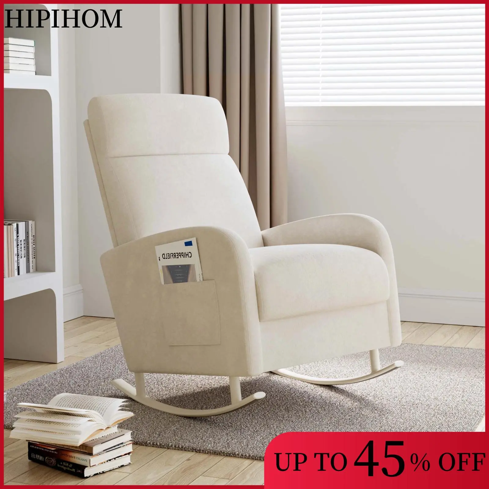 HIPIHOM Nursery Chair Upgrade and reinforce Rocking Chair Mom chair,Ergonomically designed recliner, Soft White Fabric Upholstery , Ideal for Living Room, Home Office & Reading Book. Modern Upholstered Armchair
