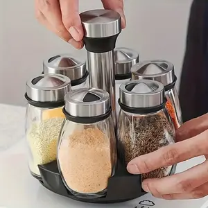Spice Rack Countertop Organizer, Spinning Spice Storage Tower with 6 Empty Glass Jars, Rotating Spice Rack for Seasoning Jars, Includes Salt & Pepper Containers