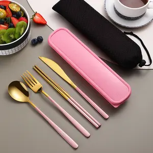 UFORU Portable 4-Piece Gold Stainless Steel Cutlery Set with Storage Case, Reusable Travel Utensils Set Includes Knife, Fork, Spoon and Chopsticks for Camping, Office, School Lunch and Picnic,dealsforyou,midyearsale,dealsforyoudays,  #SummerWins