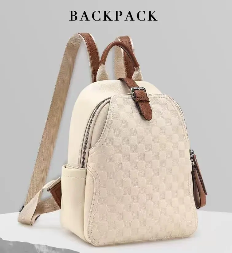 Women's Cute Mini Size Casual Premium PU Leather White Plaid Backpack Purse - Waterproof, Lightweight, Multi-Pocket - Backpacks for School, Travel, Work, Laptop Daypack