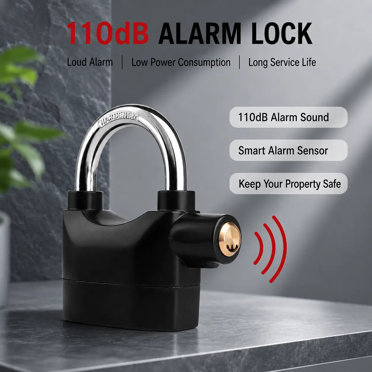 Loud Alarm Heavy Duty Padlock - 110dB Smart Motion Alarm, Anti-Theft Security Lock with 10mm Hardened Steel Shackle, Brass Core, 3 Keys, 6 Replaceable Spare Batteries for Bike, Gate Everyday Protection, 10Mm Steel Shackle, 110Db Alarm