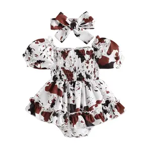 Newborn Infant Baby Girls Romper Dress Short Sleeve Ruched Jumpsuits Skirts Bodysuits Headband Princess Outfit