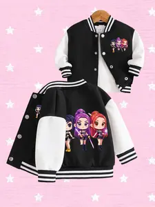 Girls' Patchwork Baseball Jacket, Cute K-Pop Idol Print Snap Button Jacket, All Seasons Casual Jacket for School and Outdoor Activities, Striped Trim Jacket