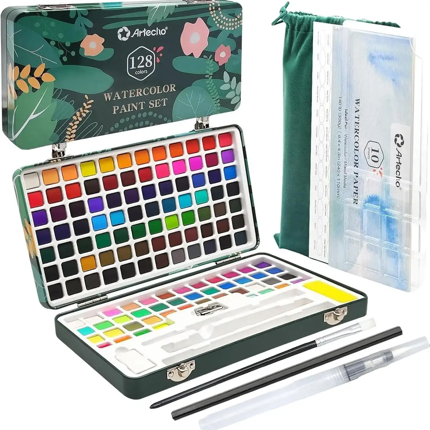 Artecho Portable Watercolor Paint Set Travel Kit with Papers, Brushes & Accessories – Artist Quality, Assorted Colored Drawing & Painting Supplies for Beginners & Professionals, Artist Quality Drawing & Painting Supplies