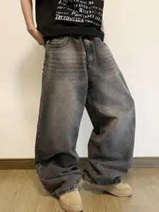 Men's Hip Hop Loose Fit Jeans, Casual Wide Leg Pants, Vintage Skateboard Streetwear Aesthetic Denim Plain, Street Style, All Seasons, Versatile