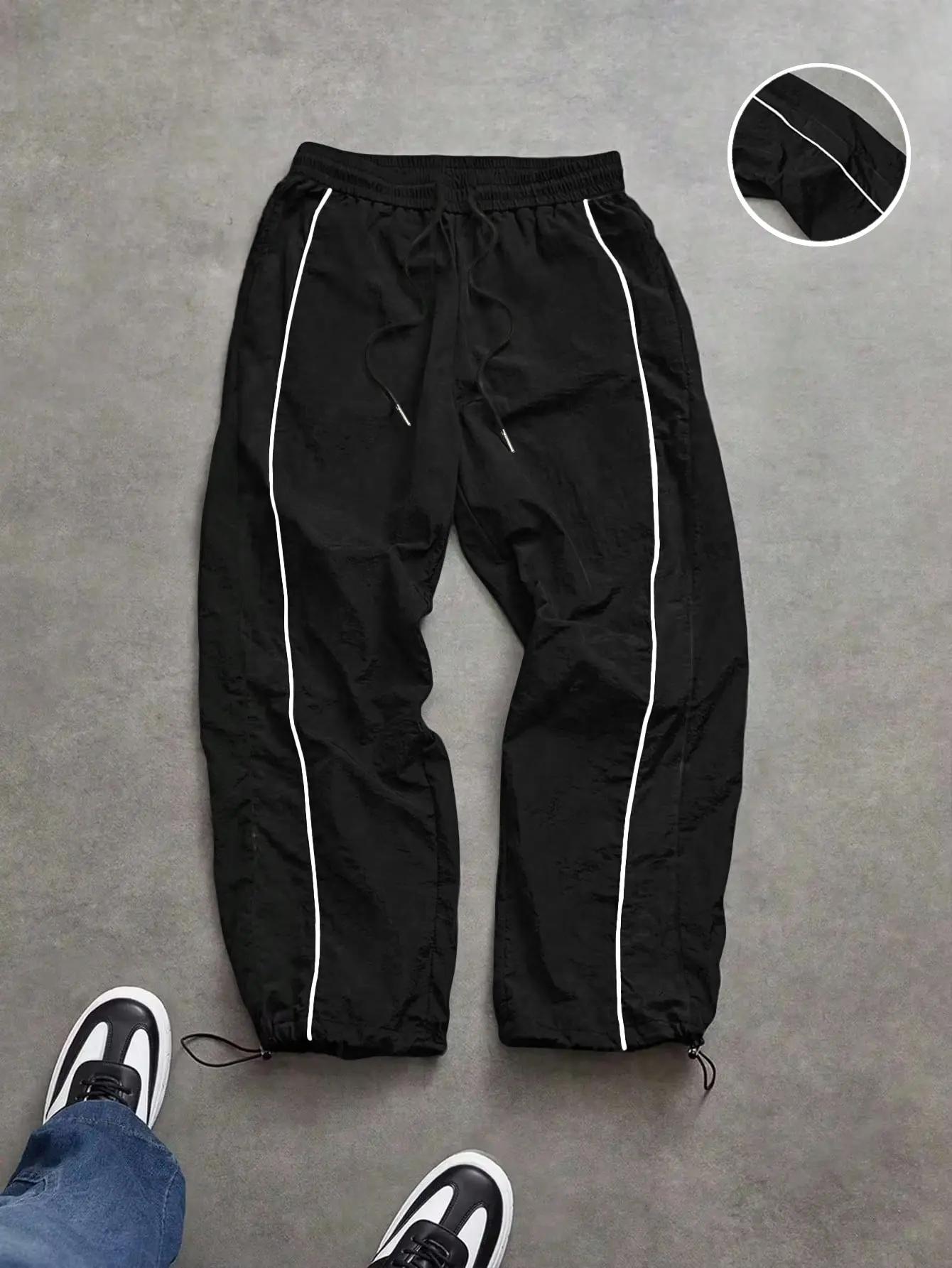 Men's Baggy Relaxed Fit Track Trousers with Gold Side Stripes, Lightweight Summer Polyester Sportswear with Adjustable Hem