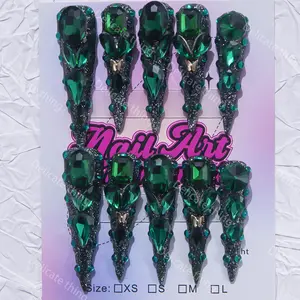 Delicatething Y2K Style Long Stiletto Pointed Nails, Handmade Gem Silver Color Glitter Design, Gemstone Accent, Nail Art Diy, Perfect for Parties & Dates, Best Gift for Girls!