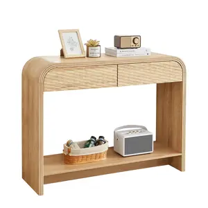 Giratree 43.3'' Curved Console Table with Storage, Narrow Entryway Table with Drawers, Couch Table Behind Sofa Long and Skinny for Living Room TV, Hallway Entrance Foyer, Mid Century Boho Carved Rattan