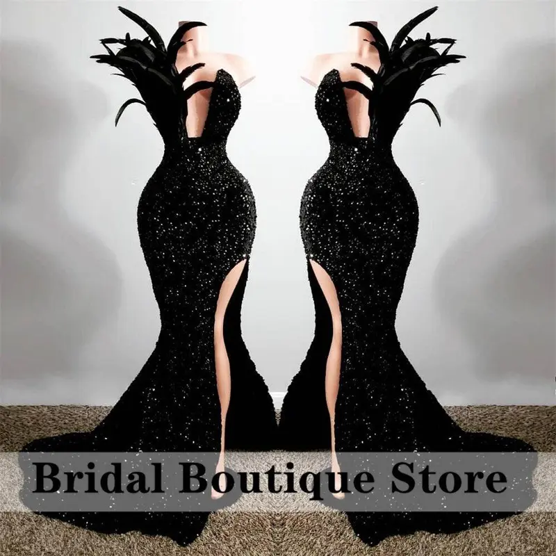 ugly black prom dress Black Girl Strapless Black Prom Dresses With Side Slit – Laylatailor Shop main image 0