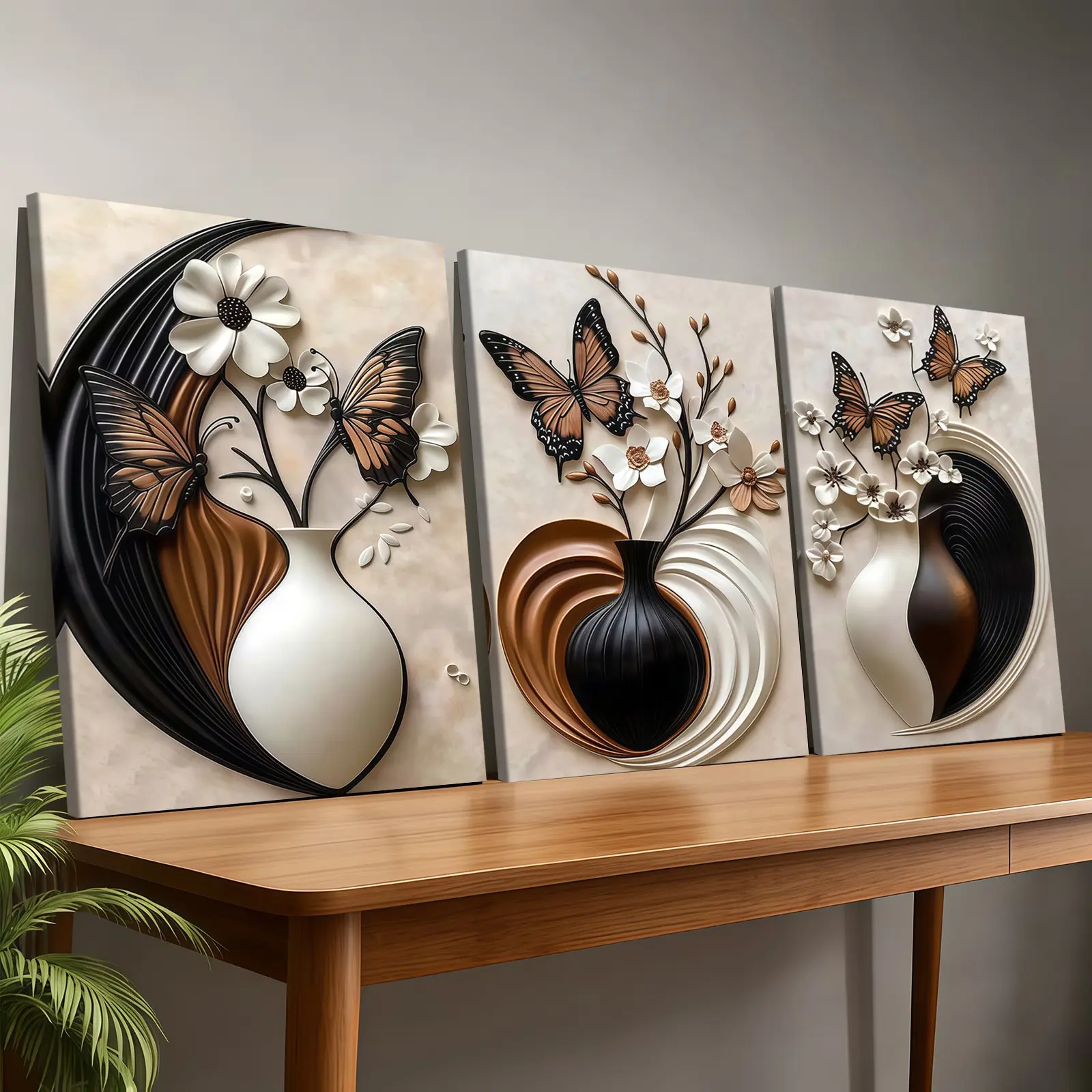 3 Counting wooden frame canvas, fashionable butterfly flower art poster, Creative Design Print, Floral Aesthetic Pattern, modern art for living room wall decoration, fashionable family poster, suitable for bedroom, office, corridor walls art