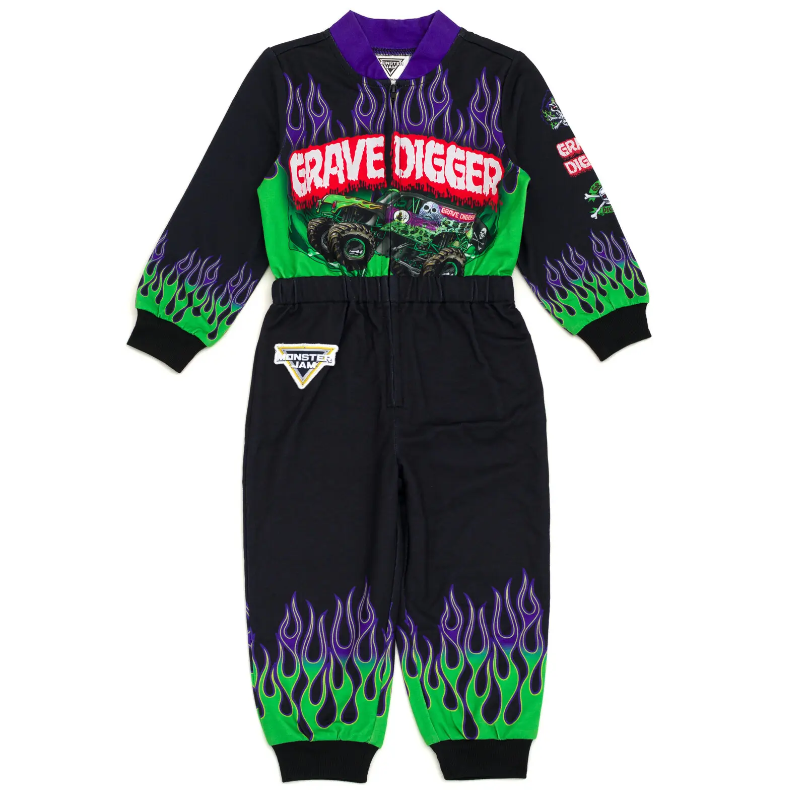 Monster Jam Grave Digger Boys' French Terry Zip-Up Coverall with Elastic Waistband - Costume for Parties, Themed/Role/Pretend Play, Toddler to Big Kid Sizes (5T, 10-11 Years), Themed Costumes, Role Play Costume