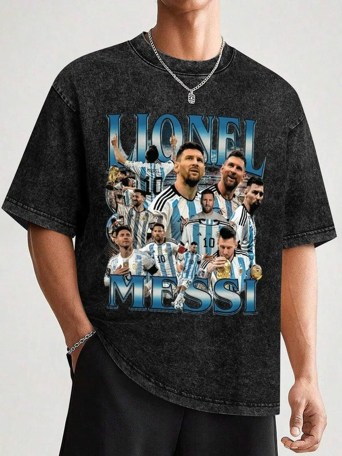 Men's Messi Graphic Cotton T-Shirt - Vintage Football Legend, Baggy Loose Oversized Streetwear, Casual Argentina Fan Top, Birthday Gift for Pairing with Jeans, Menswear