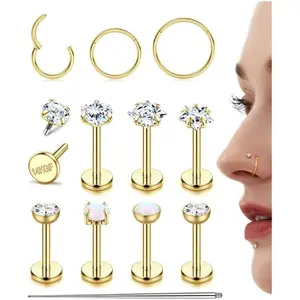 YADOCA 14K Plated Gold Filled Nose Rings Studs for Women Men - 18G 16G Hypoallergenic Surgical Steel Nose Rings Hoops Opal CZ Internal Thread Flat Back Studs for Women Lip Nostril piercing jewelry