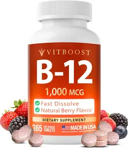 VITBOOST Vitamin B12 1000 mcg Chewable Tablets - 365 Count Natural Berry Flavor B-12 Vitamin for Energy & Nervous System Support - Non-GMO, Vegan Tablets - Made in USA