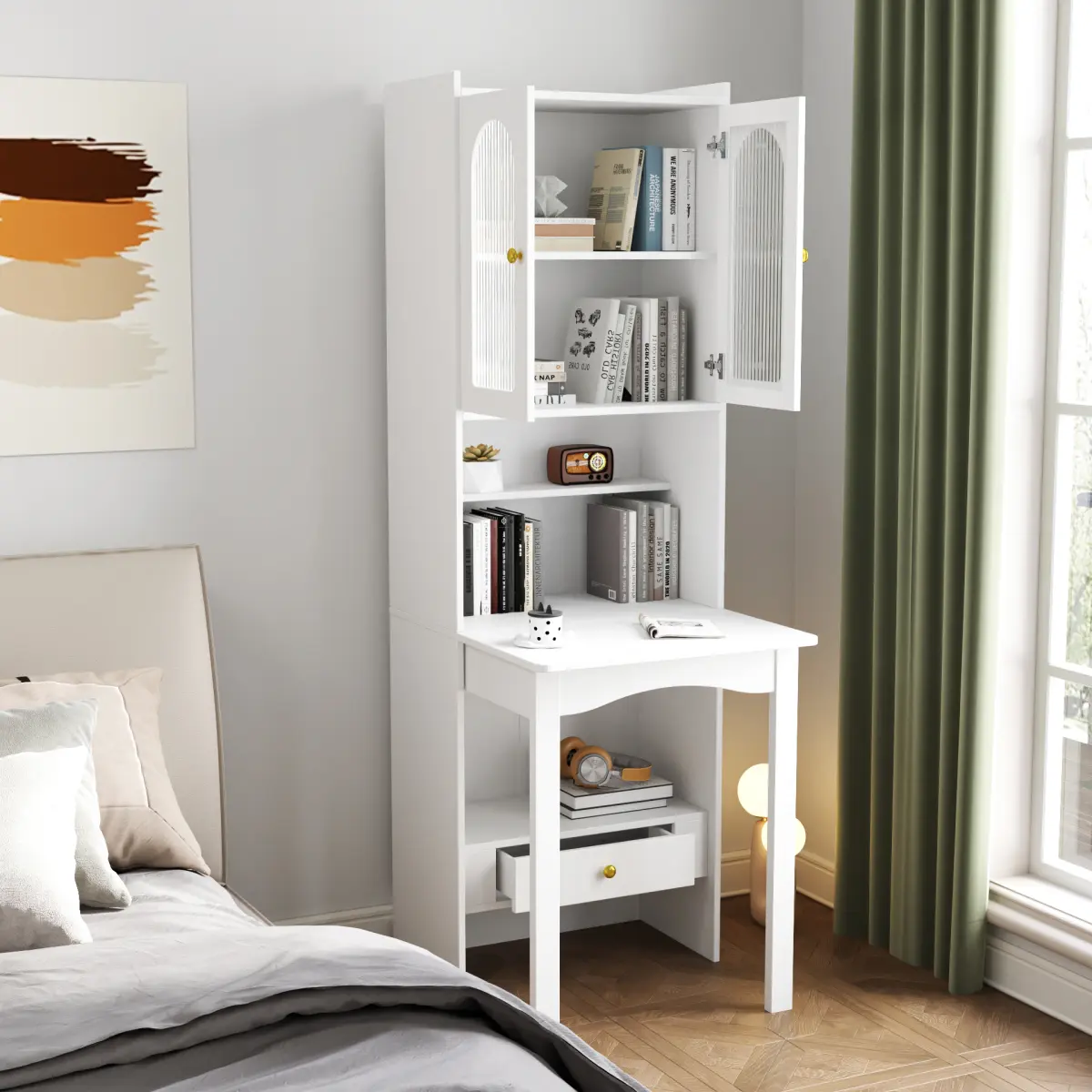 Convertible Fold Down Desk with Bookshelf & Drawer, Multifunctional Murphy Desks with Storage, Hideaway Fold Out Desk Cabinet for Small Spaces (White)