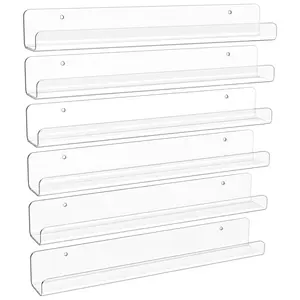 6 Pack Clear Acrylic Shelves, 12" Nursery Bookshelves, Small Floating Bookshelf for Kids Baby, Vinyl Wall Mount, Record Holder, Magazine Rack, Comic Display