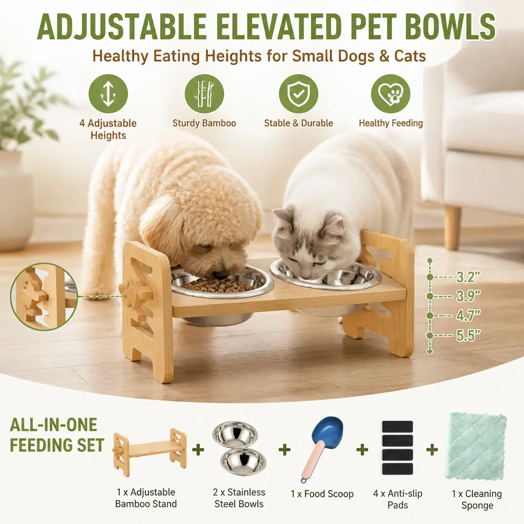 Height-Adjust Bamboo Elevated Dog Bowls with Adjustable Stand - 2 Stainless Steel Bowls, 15° Tilted Platform, Feeding Tray, Flat-Fold Indoor Pet Dish, Silicone-Stabilized Durable Natural Design, Dishwasher Safe