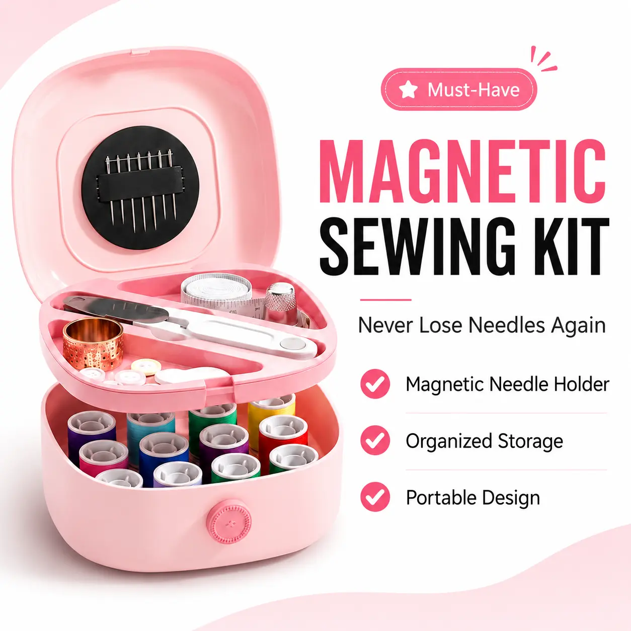 Mini Travel Sewing Kit with Magnetic Case, Needles, Thread & Needle Threader, Portable Emergency Clothing Repair Set for Home and Trips