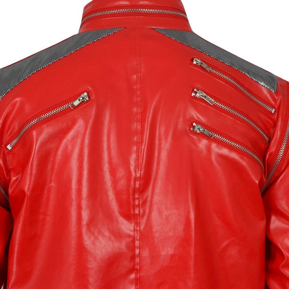 Punk Michael Jackson Red Jacket Cosplay Costume Men Classic Beat It Stage Outfit Shoulder Mesh Multiple Zipper Details