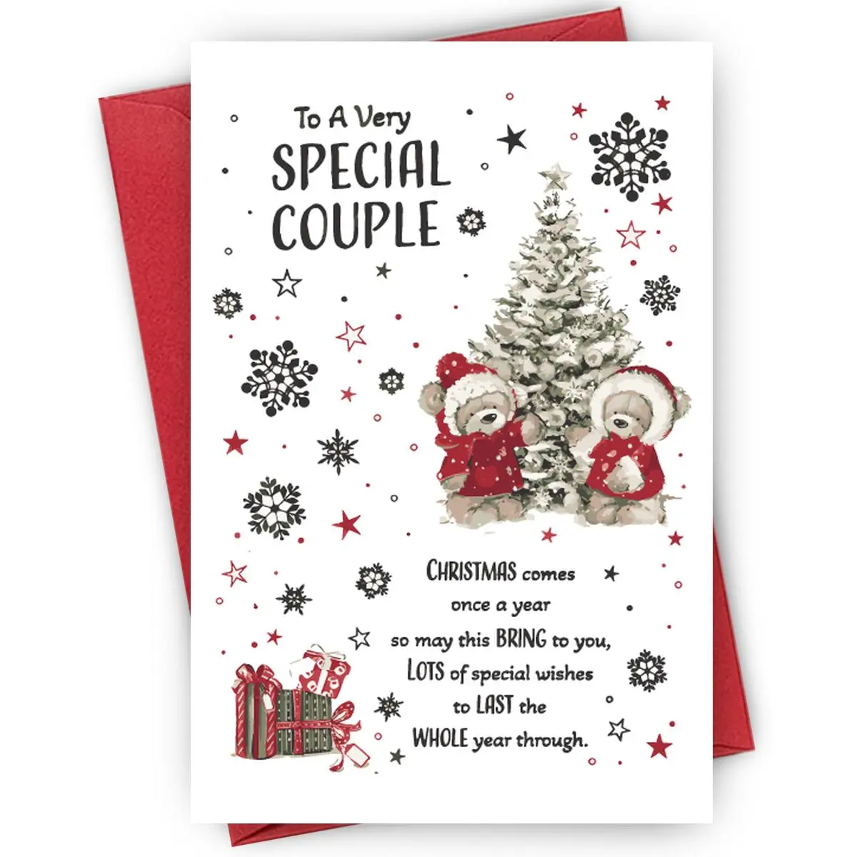 Teddy Bears Christmas Card for Couples - "TO SPECIAL COUPLE" | Red Hat & Snowflake, Charm Poem Quote, Suitable for Newlyweds, Romantic Holiday