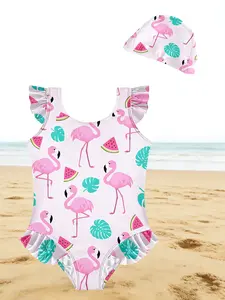 Girls One-Piece Swimsuit with Swim Cap, Pink Flamingo Watermelon & Tropical Leaf Print Ruffle Bathing Suit