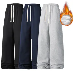 Men's Solid Color Warm Fleece Lined Joggers with Drawstring Waistband, Casual Comfort Regular Straight Leg Pants Suitable for Autumn and Winter, Men's Everyday Athleisure Thickened Fleece Sweatpants
