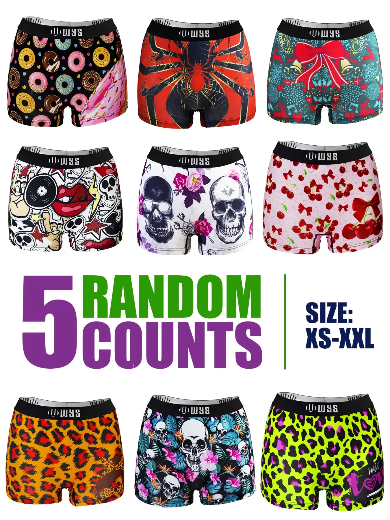 RANDOM 5PCS Women's Comfortable Elastic Sporty Fit Underwear, Fashion Casual Comfy Panty Briefs, Digital Print Multicolor Floral Halloween Skull Valentine's Day Cherry Strawberry Donut Leopard Pattern
