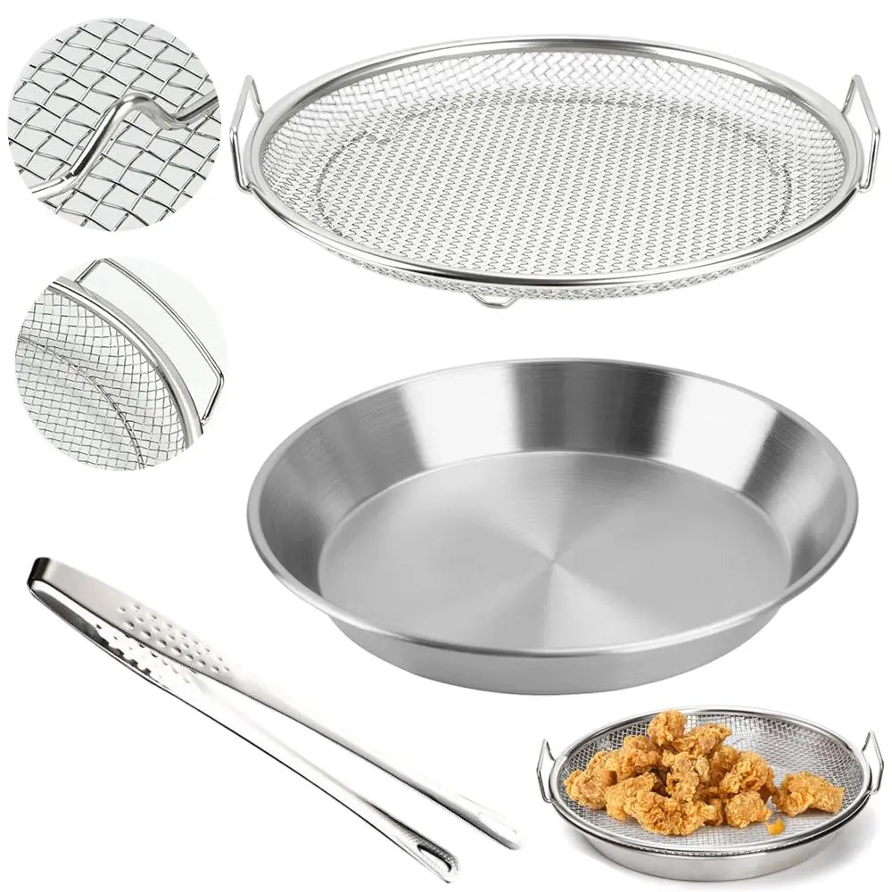3PCS Stainless Steel Oil Draining Rack & Tray Utensils Set - Round Wire Mesh Deep Fryer Basket, Filtering Tray, BBQ Clip, Multi-Use Kitchen Gadget for Frying, Vegetable Washing