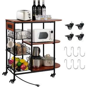 Bakers Rack Coffee Bar Table with Power Outlet, Microwave Stand Kitchen Cart