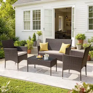 4 Pieces Patio Conversation Set Outdoor PE Rattan Wicker Chairs Set With Table