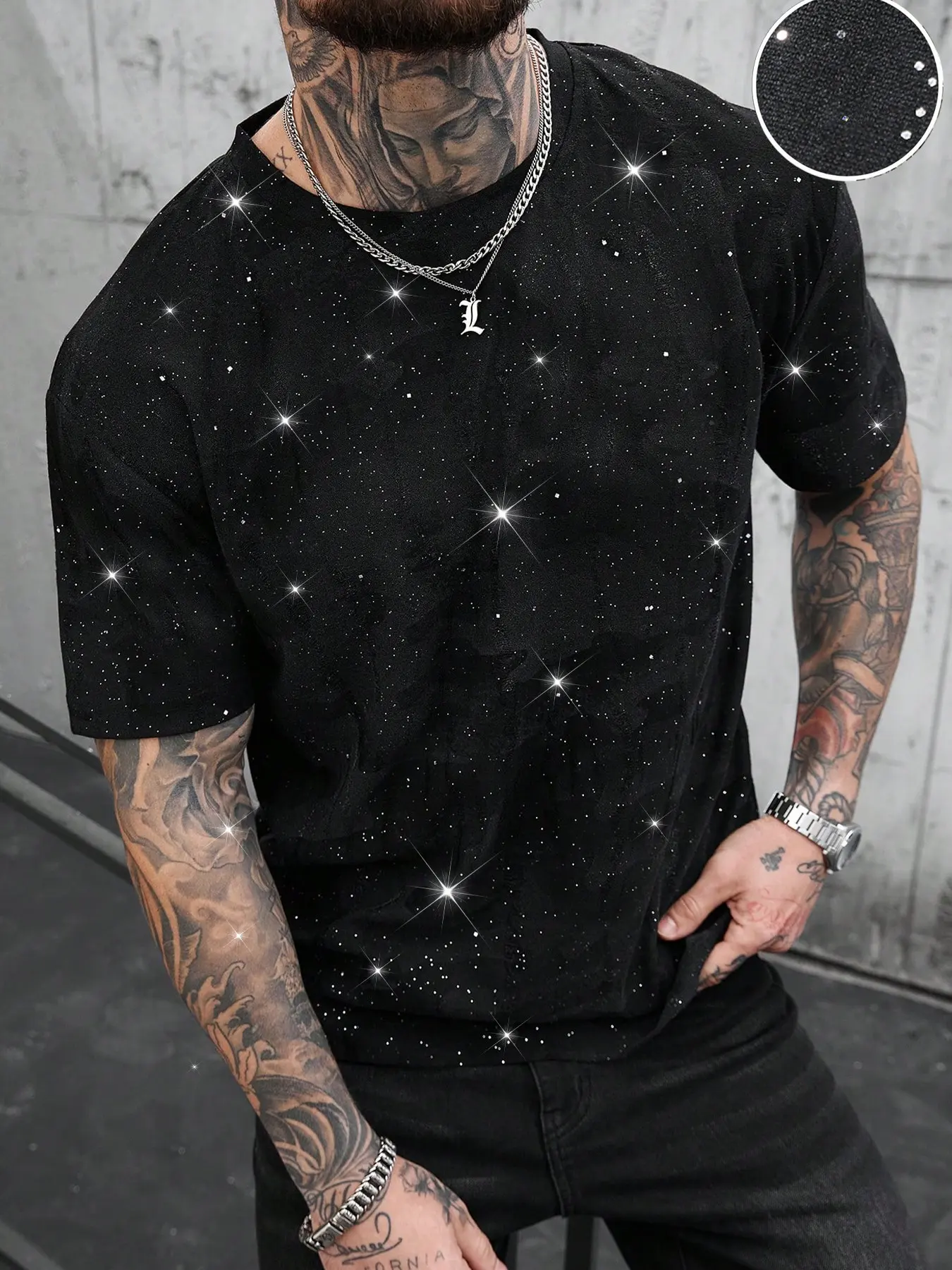 Men's Short Sleeve T-Shirt, Round Neck, Starry Night Glitter Graphic Print Design, Loose Fit, Silver Color Fabric, Streetwear Casual Style, Menswear, Perfect for Parties and Daily Wear