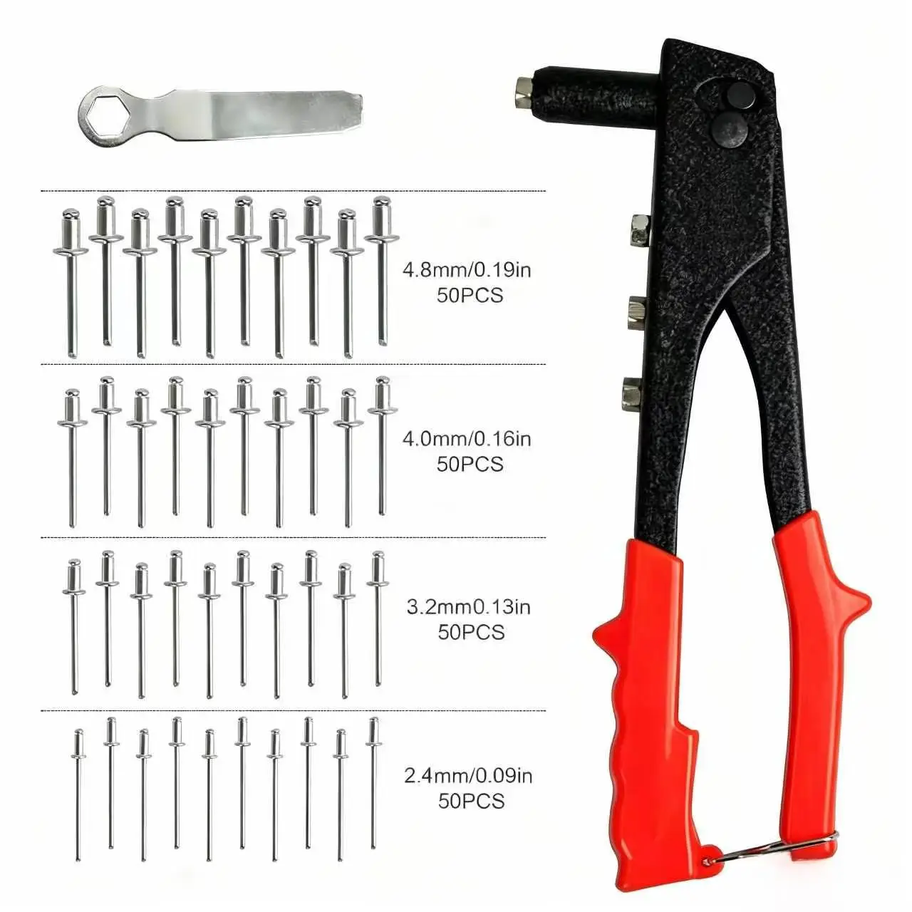 【DealsForYouDays】Manual rivet gun kit, consisting of 100 pieces/set of rivets, nuts, and 4 rivet heads. Suitable for use in the metal, plastic, and leather hardware industries, as well as for heavy-duty, portable professional automotive repair tools.