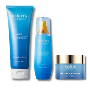 Rebirth by Keisha Fade & Glow Bundle - Deep Clarifying Exfoliating Scrub, Glycolic Acid Collagen Toner, Retinol Cream for Acne Treatment & Anti-Aging