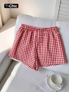 Women's Red Gingham Plaid Woven Shorts, Elastic High Waist, Loose Fit, Lightweight Breathable Fabric, Casual Home & Beach Wear, Relaxed Basic Style, Casual Fashion Shorts