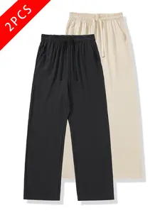 summervibes 2-pack men’s summer casual athletic pants, 100% cotton linen, loose straight cut, lightweight, comfortable, breathable