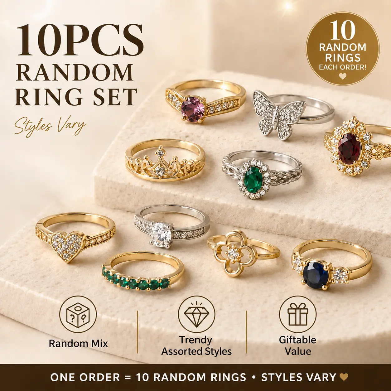 10PCS Random Assorted Rings for Women, Mixed Gold-Tone & Silver-Tone Crystal Ring Set, Colorful Gem, Flower, Heart, Butterfly & Minimalist Designs, Mystery Jewelry Pack for Daily Wear, Party, Birthday, Gift & Fashion Styling
