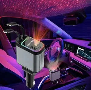 Automotive 4-in-1  car charger-Starlight In  Roof Retractable Charger with Lightning Cable, Dual Charge Port , Fast Charging Adapter - red light
