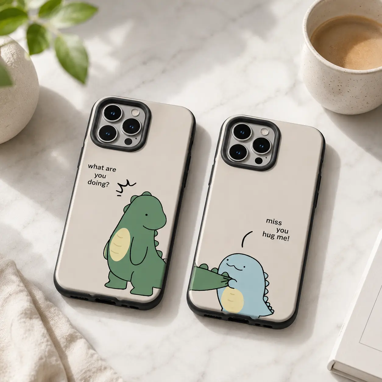 Matching Dinosaur Phone Cases, Cute Hugging Dino Couple Case, Best Friend and Couples Phone Cover Set