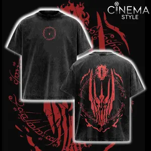 Sauron V2 Dark Lord Graphic Tee, Vintage Washed Black Fantasy Shirt, Lord of the Rings Inspired Apparel, Eye of Sauron Fire Design, Gothic Streetwear Outfit, Middle Earth Fan Gift, Unisex Oversized Fantasy T Shirt
