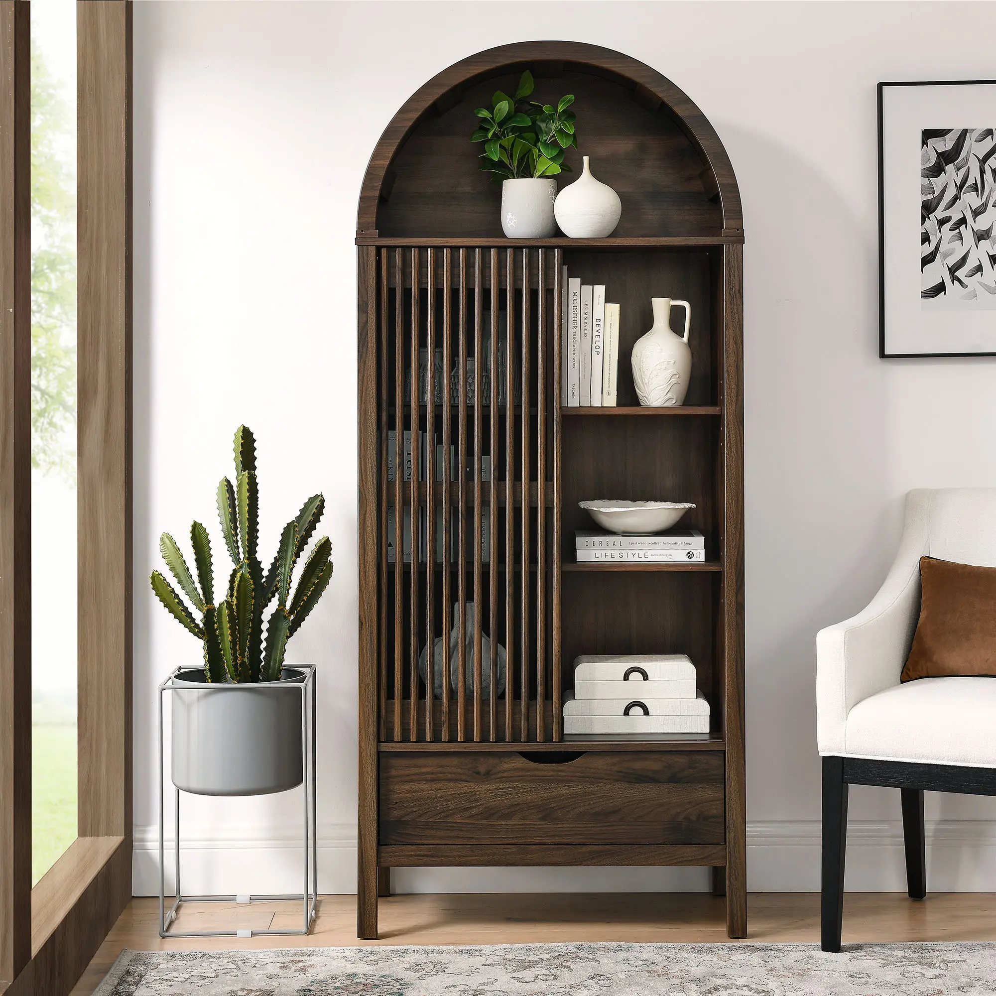 Vaughn 71" Arched Adjustable Modern Accent Storage Display Cabinet in Walnut, Living Room Furniture for Display & Storage Spaces, Adjustable Storage Cabinet, Modern Accent Cabinet