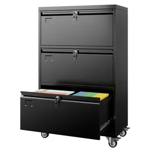 Aobabo 3 Drawer Lateral File Cabinet with Wheels, Lockable Metal Filing Cabinet for Home Office, Legal/Letter Size,Black,Required Assembled,15.87" D x 28.94" W x40.48 H