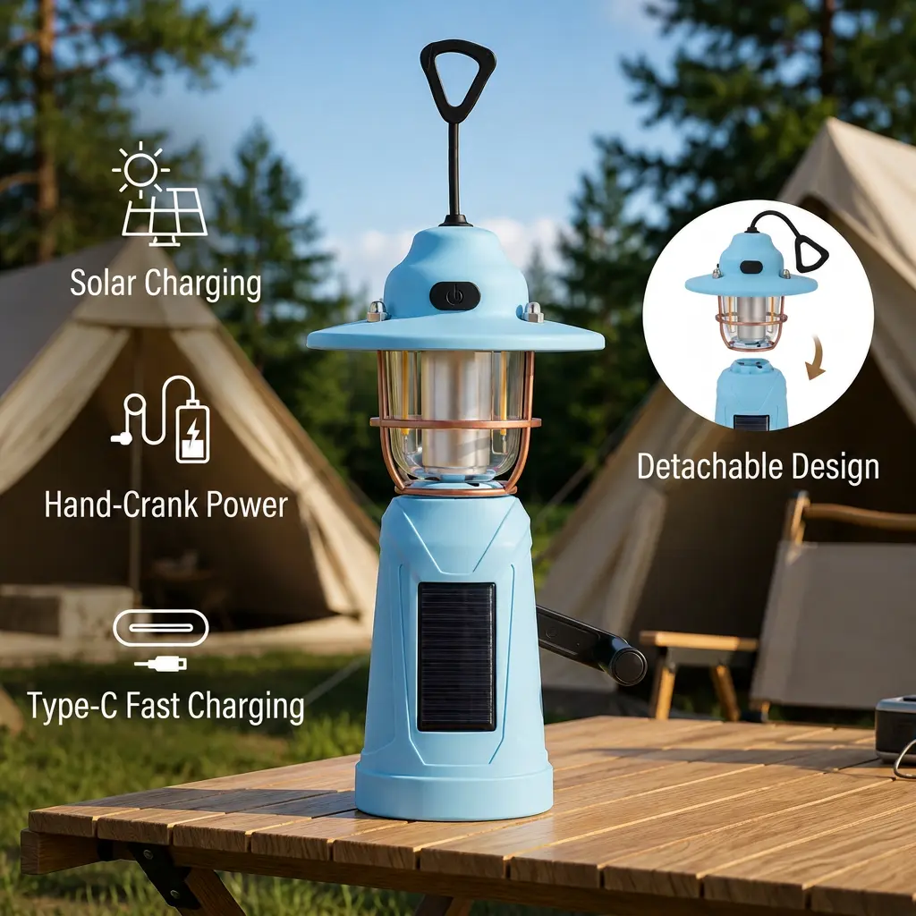 Outdoor Camping Lantern - Solar & Hand-Crank Rechargeable LED Flashlight, Portable Handheld Emergency Light for Hiking, Rechargeable Outdoor Lighting, Handheld Emergency Flashlight