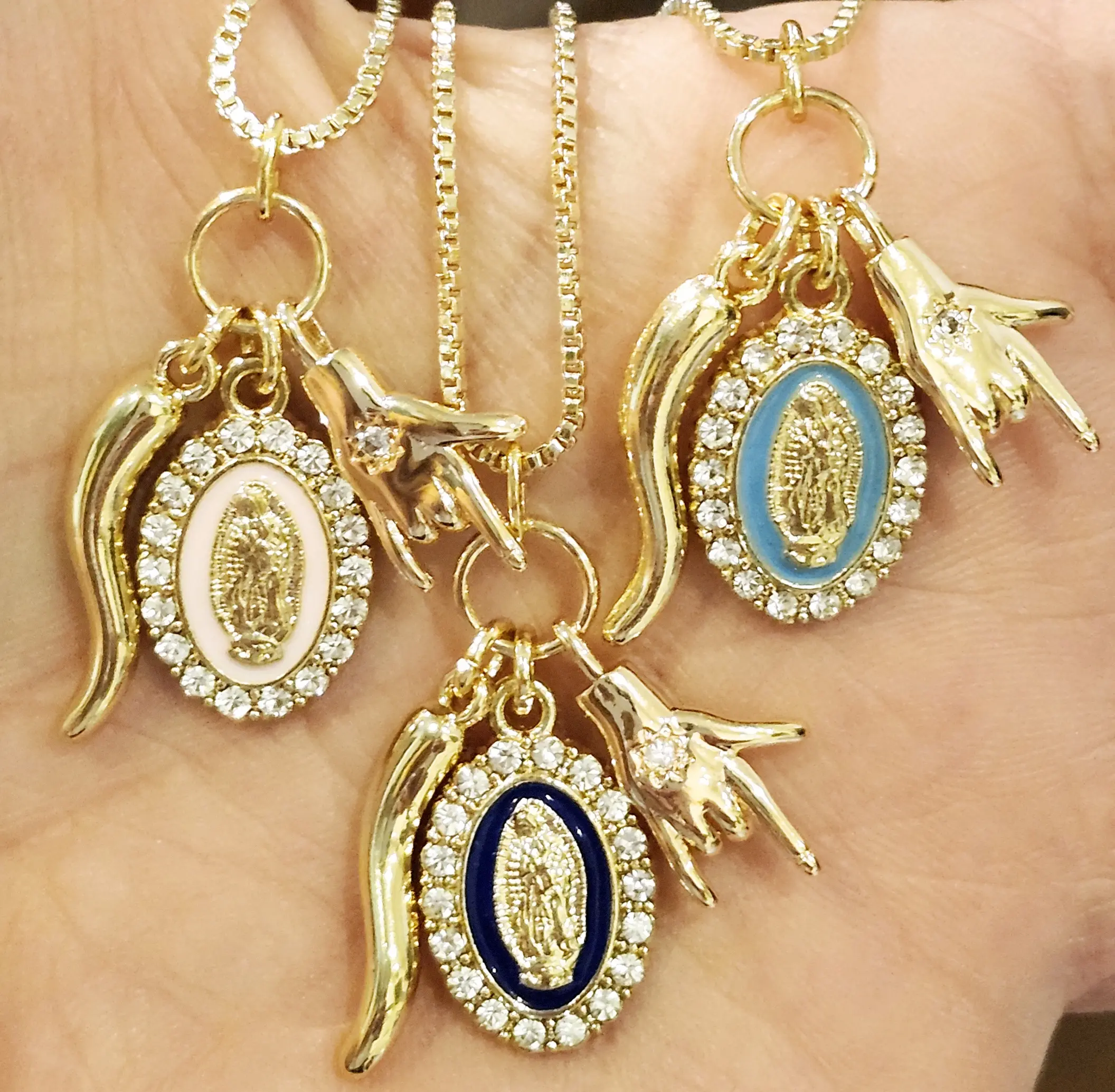 Gold Virgin Mary Necklace Italian Cornicello Horn Mano Cornuto Protection Good Luck Amulet Spiritual Talisman with Enamel Crystal Stones Engraved Star Gold Plated Brass