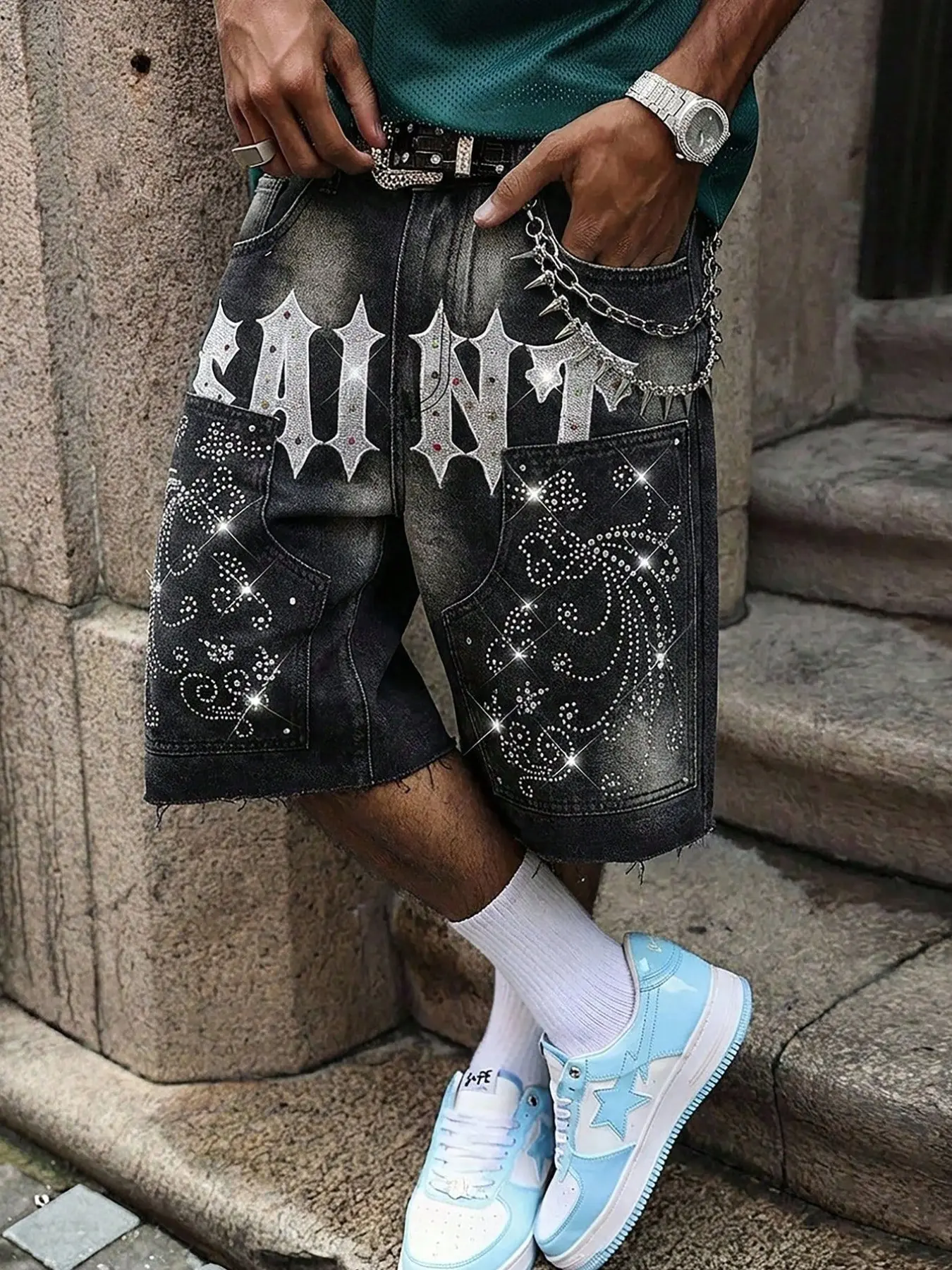 Men's Gothic Letter Rhinestone Paisley Denim Shorts, Loose-Fit Above-The-Knee, Casual Button Fly, Streetwear Party, Summer Fashion, Comfy Denim Shorts, Menswear