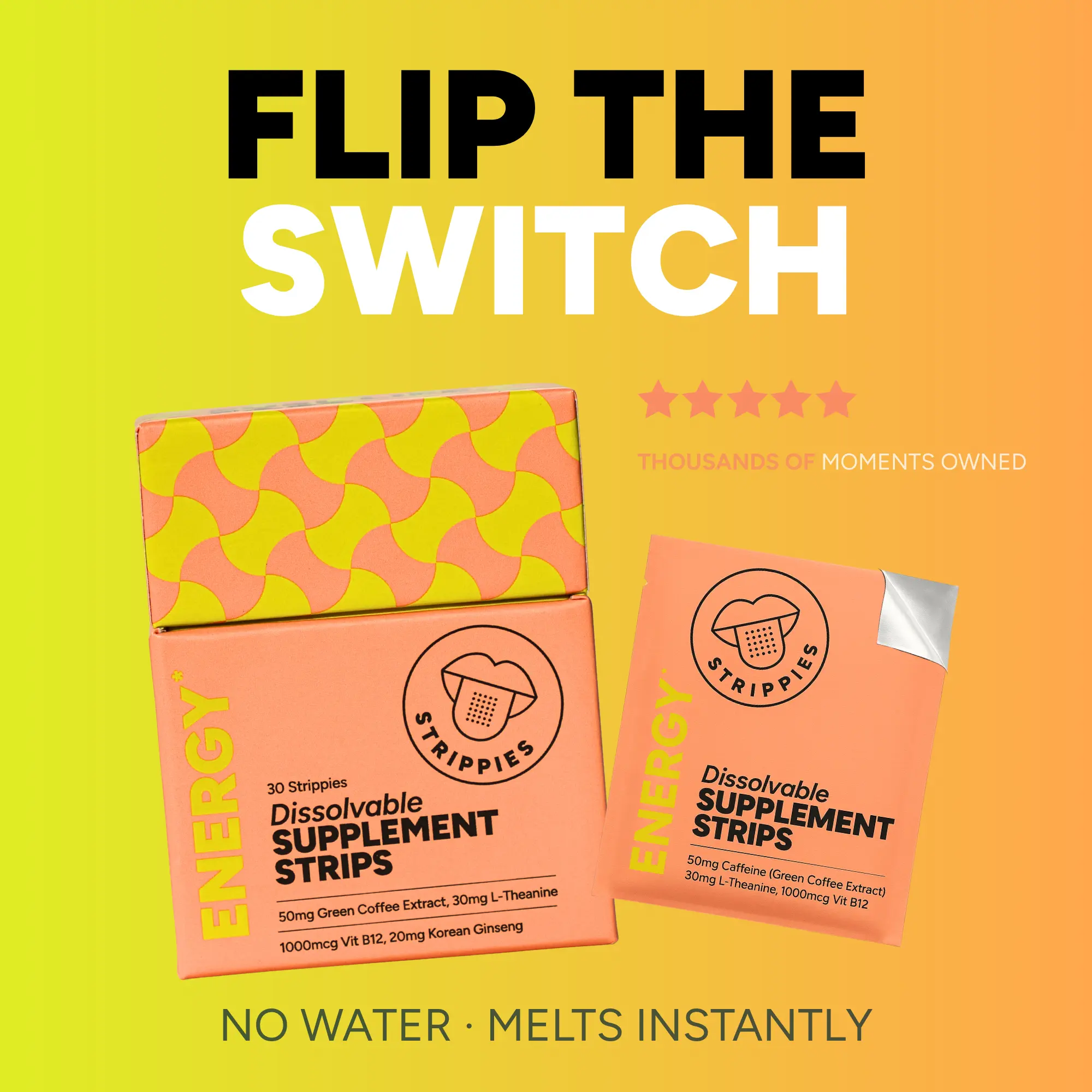 Strippies ENERGY Strips | Green Coffee + L-Theanine + Vitamin B12 + Ginseng | Fast-Melt, No Water, No Crash | Spearmint (30 Strips)