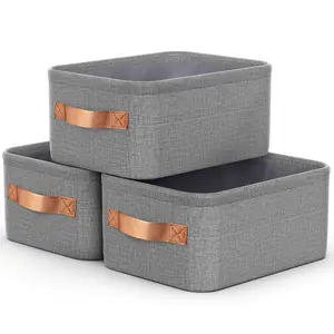 Home Canvas Storage Basket Set of 3 Organiser - (7L/15L/26L) Gray Baskets with Copper Handles for Home Organization and Versatile Use, Shelf Organizer, Smart Storage for Toys And Gadget.