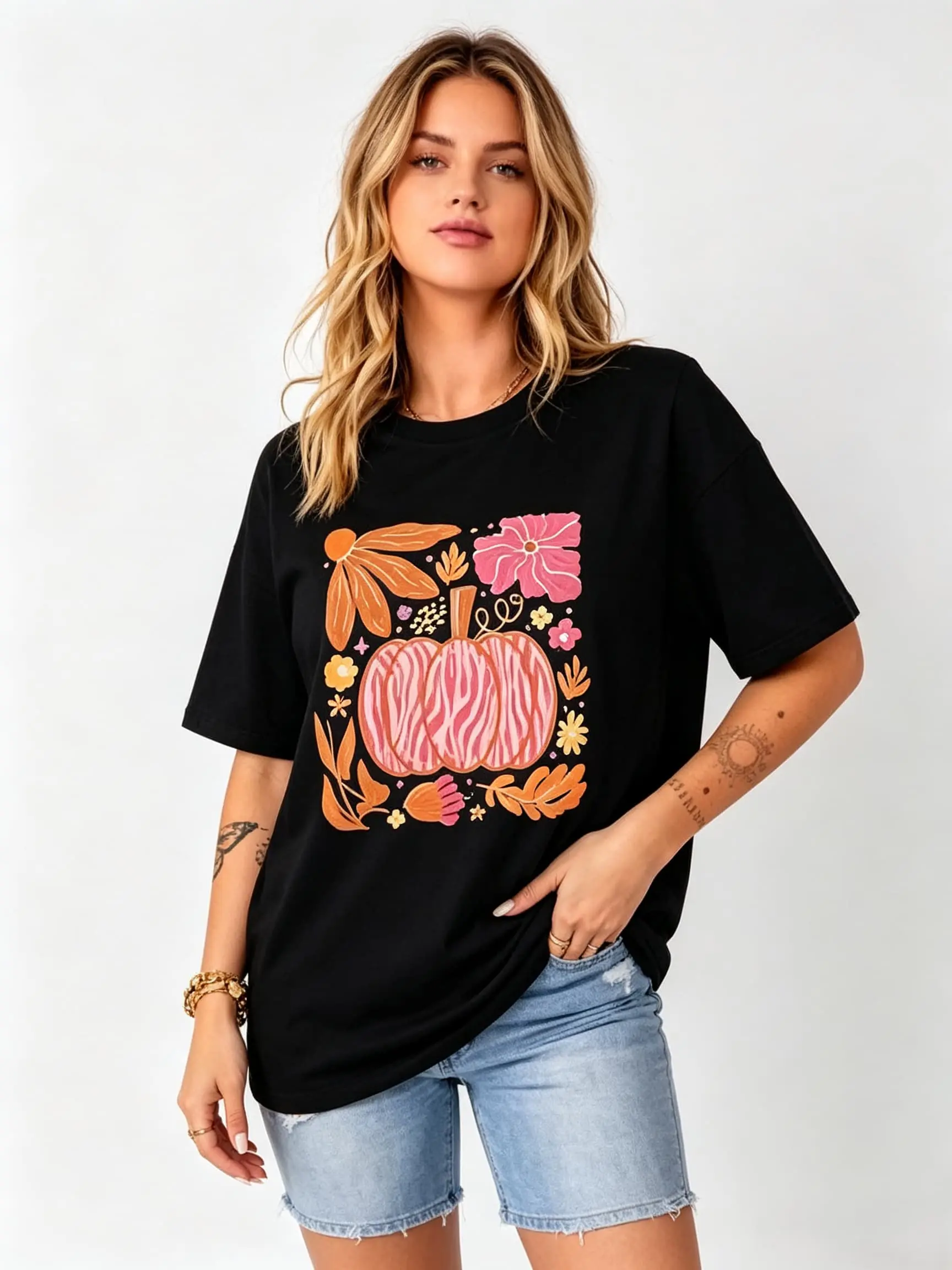Pink Zebra floral pumpkin autumn women’s T-shirt; cute pastel pink zebra striped pumpkin with fall florals women’s oversized T-shirt; loose, soft casual cotton tee; black oversized art hand-drawn pink zebra pumpkin floral graphic T-shirt; gentle, soft fal